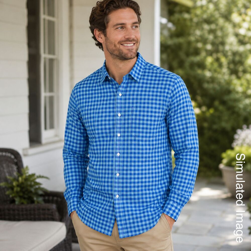 L.L.Bean Mens L Slightly Fitted Button Down Shirt Blue Check Cotton
